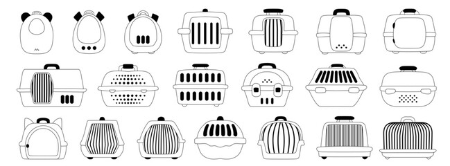 Cat carrying icons set outline vector. Carrier for dogs in a cage. Black lines style vector.
