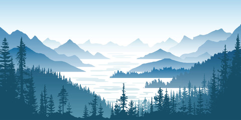 Mountain landscape with lake, ridges in fog, forest on slopes, vector illustration	