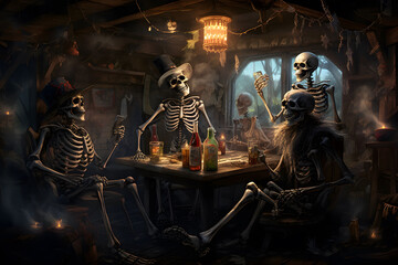 AI generated illustration of skeletons seated at a table surrounded by numerous bottles of alcohol