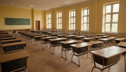 Spacious classroom featuring rows of desks facing a green chalkboard, bathed in natural light from large windows.