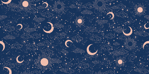 Seamless celestial pattern with sun, moon and stars, mystical astrological background, horoscope vector ornament. Zodiac banner, ornament for fabric, wrapping paper.