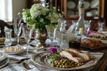 Fototapeta premium Traditional Passover Seder Table Setting with Ceremonial Plate and Symbolic Foods, Reflecting Rituals and Cultural Heritage.