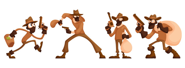 Thieves cartoon characters set. A robber in a mask and with a gun is holding a bag or sack of money. Participant in a crime in a mask and hat. The thief committed a robbery. Flat cartoon vector.