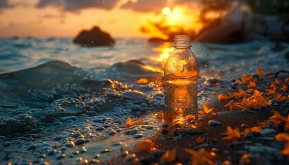 Plastic bottle floating in ocean with aquatic animal, fish. Ocean pollution, environmental conservation and ecology concept 