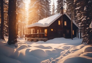 AI generated illustration of sun setting over snow-covered cabin - obrazy, fototapety, plakaty