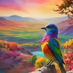 AI illustration of a vibrant parrot with open beak on rock against sunset