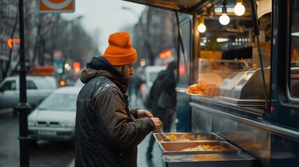 Man serving food to a customer at a food truck, AI-generated.