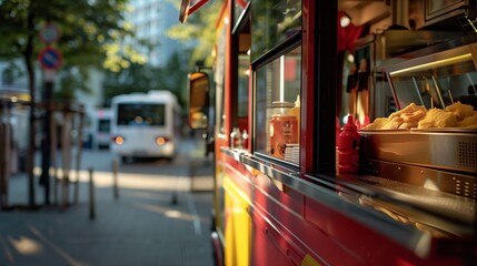 Closeup of a food truck parked on the street, - obrazy, fototapety, plakaty