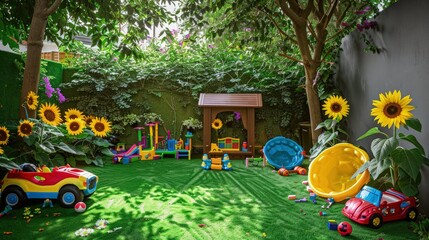  A vibrant green garden with a variety of colorful toys scattered across the lush grass. A ball, a toy car, and a kite create a playful scene in the natural setting.