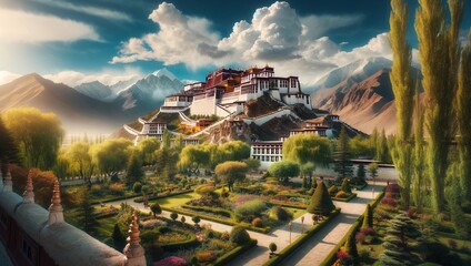an old tibetan castle sits atop a small hill in the mountains