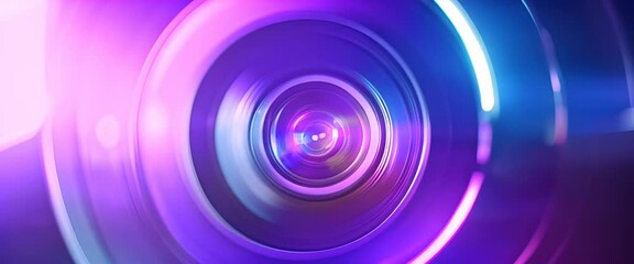 Dynamic lens flare effects against a camera lens in background, with vibrant, multicolored hues