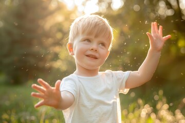 Joyful Autistic Child Stimming by Flapping Hands in Sunlit Outdoor Environment, Embracing Sensory Self-Regulation Concept.