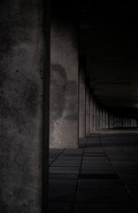 Vertical grayscale of a long gallery of columns in the city building