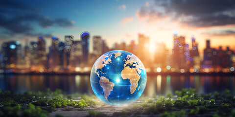 Overheating planet earth global warming, Glass globe on big city background Concept of global business, A Symbol of International Business and Earthly Communication Amidst a Blurred Background   - obrazy, fototapety, plakaty