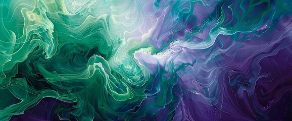 Fototapeta na wymiar Emerald wisps swirling gracefully over a hypnotic tapestry of royal purple hues.