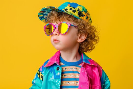 Naklejki Unique Style: Autistic Child in Mismatched Bright Clothes Embracing Individuality and Self-Expression with Cheerful Chaos Concept.