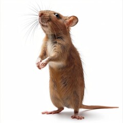 A curious brown mouse standing upright on a white background, displaying natural behavior and alertness.