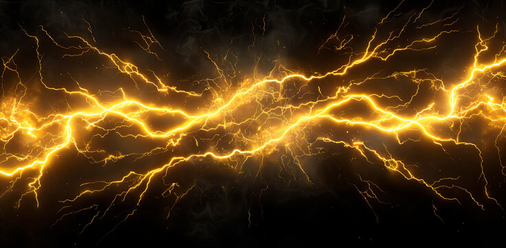 Golden lightning bolts illuminating a dark, stormy background.