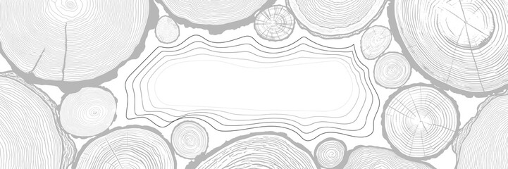 Frame made of log cut, seamless pattern, vector banner, tree rings pattern, shades of gray	