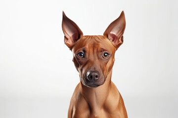 Tan dog with large pointed ears and soulful eyes, posing against a soft white background, exuding curiosity and attentiveness.