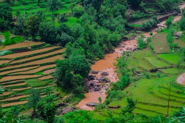 Aerial view of a landscape with a river surrounded by trees and fields