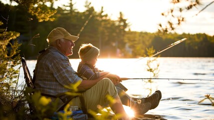 A lakeside fishing trip where grandparents and grandchildren share skills and laughter, basking in the warmth of the sun and family bonds.