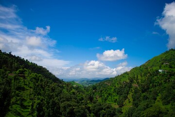 Closeup shot of the slopes of mountains with green trees and resort buildings on a summer day