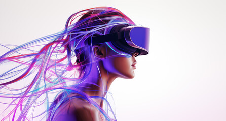 a woman with long hair and virtual reality headset in motion