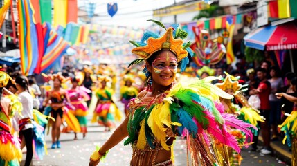 A lively street festival, where every corner bursts with colorful decorations and costumes, echoing...