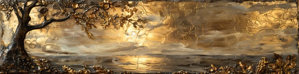 Exquisite blend of gold and nature-inspired elements converging into a textured panoramic masterpiece.