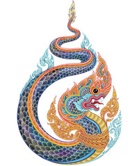 Hand-drawn depiction of a slithering Naga in the manner of Thai art-fashioned like an Unalom structure and based on beliefs in the Hindu and Buddhism religions on Rainbow skins 