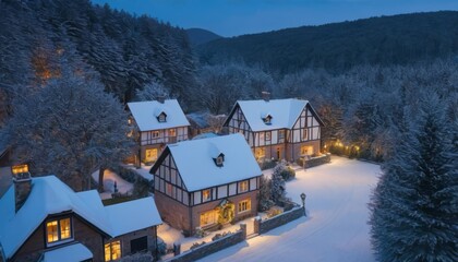 A charming timbered house stands amid a tranquil snowscape, warmly lit windows contrasting the dusk's cool blue hues.