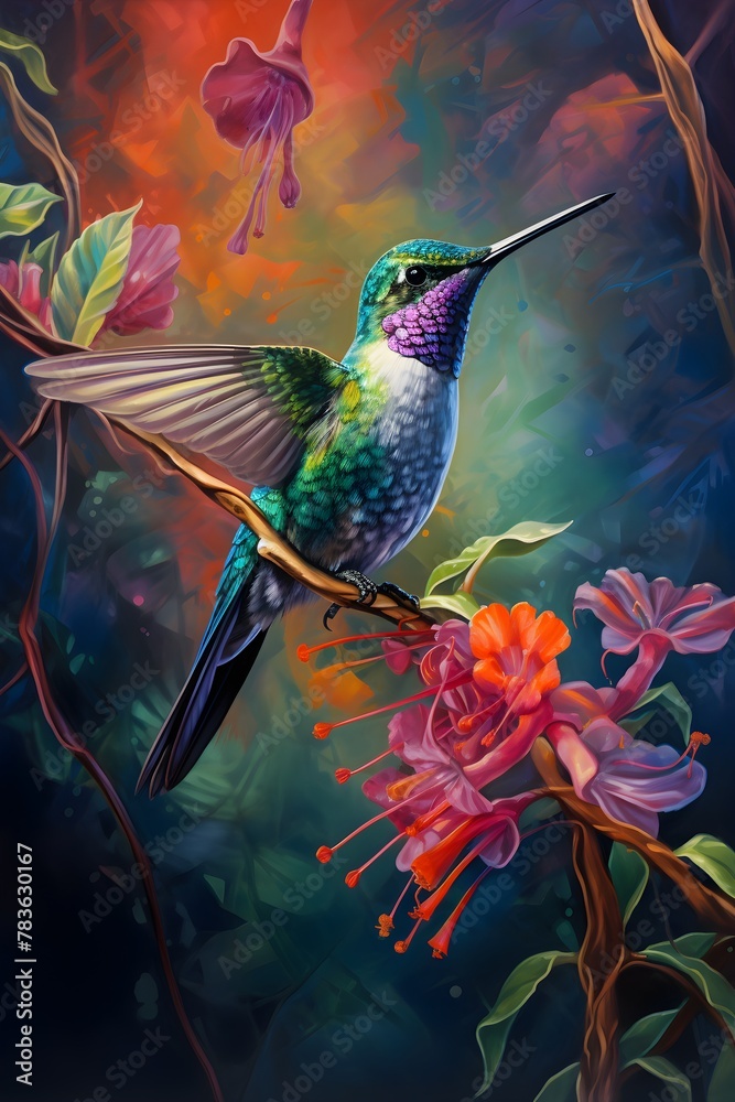 Sticker AI generated illustration of a hummingbird on a flower