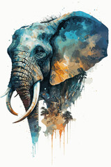 Elephant Design In Watercolor Style. Wildlife Animal In Nature.