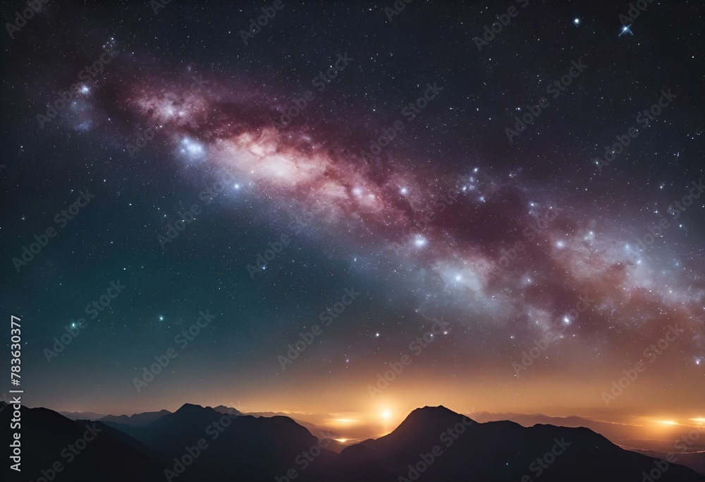 Wall mural AI generated illustration of a starry night sky over mountains with shining lights