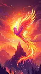 Cartoon phoenix rebirth celebration, colorful flames, mystical mountain top