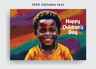 Fototapeta na wymiar happy Childrens Day , poor african kid smiling illustration colourful brush effect background
