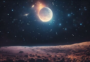 Fototapeta na wymiar AI generated illustration of moonlight filtering through stars on a planetary terrain
