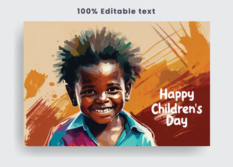 happy Childrens Day , poor african kid smiling illustration colourful brush effect background