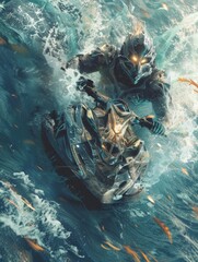 Tactical jet ski with ancient face mask design, splashing through a sea of feathers