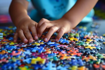 Autistic Child Sorting Puzzle by Color and Shape with Care and Focus, Illustrating Patience and Concentration.