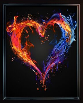AI generated illustration of a framed picture with heart shapes in fiery colors