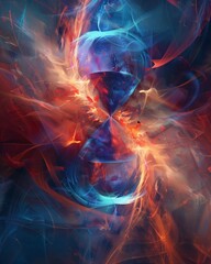 AI generated illustration of an abstract blue hourglass with red flames on dark backdrop