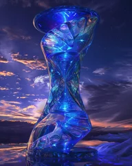 Tuinposter AI generated illustration of a blue hourglass   highlighted against the snowy sky © Wirestock