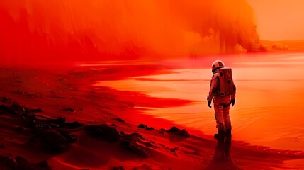A lone figure in a space suit surveys the Martian horizon, where the red mist meets the remnants of an ancient watercourse.