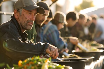 Homeless Individuals Waiting Patiently in Line for Food Assistance at a Charity Event, Capturing...