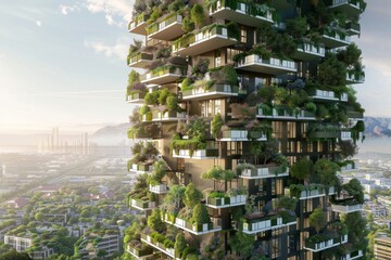 Obraz premium Futuristic Green Building Design with Vertical Gardens, Showcasing Sustainable Architecture and Eco-Friendly Innovations.