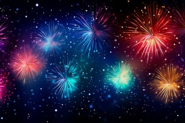 Fototapeta na wymiar AI generated illustration of vibrant fireworks displaying on dark background with bright lights