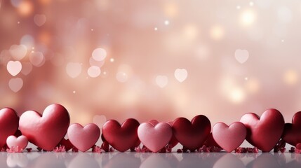 AI generated illustration of rows of red hearts on the ground with soft lights and bokeh - obrazy, fototapety, plakaty