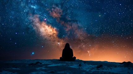 A lone individual engaged in the Isha prayer under a canopy of stars, emphasizing personal devotion and the peaceful end to a day.